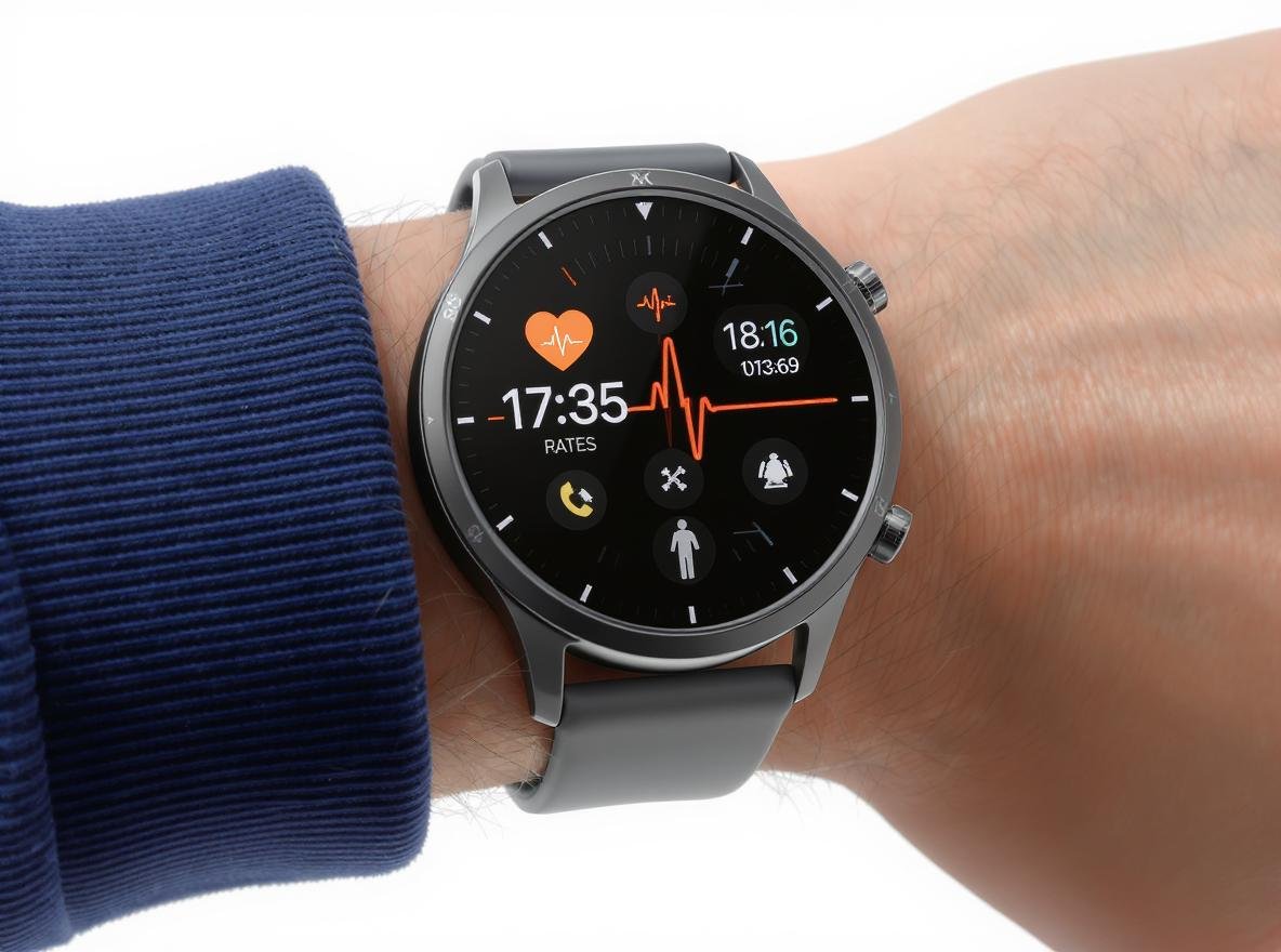 Modern smartwatch displaying health monitoring and communication features on user's wrist