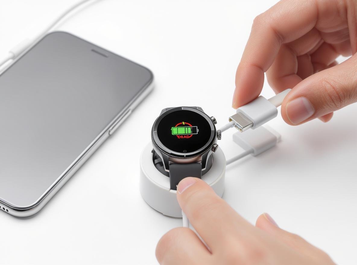 Smartwatch with dead battery next to phone charger showing charging compatibility issue