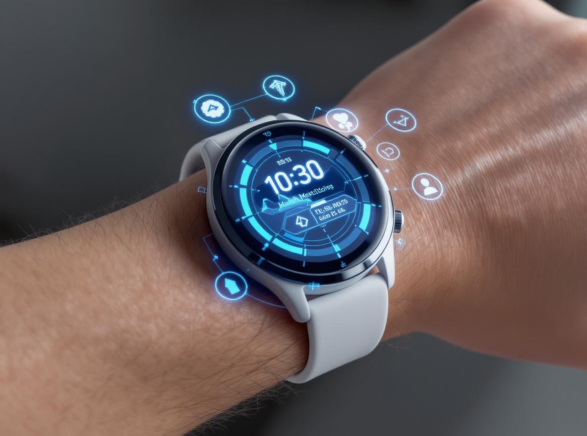 Safe smartwatch daily wear health monitoring with digital display and safety symbols