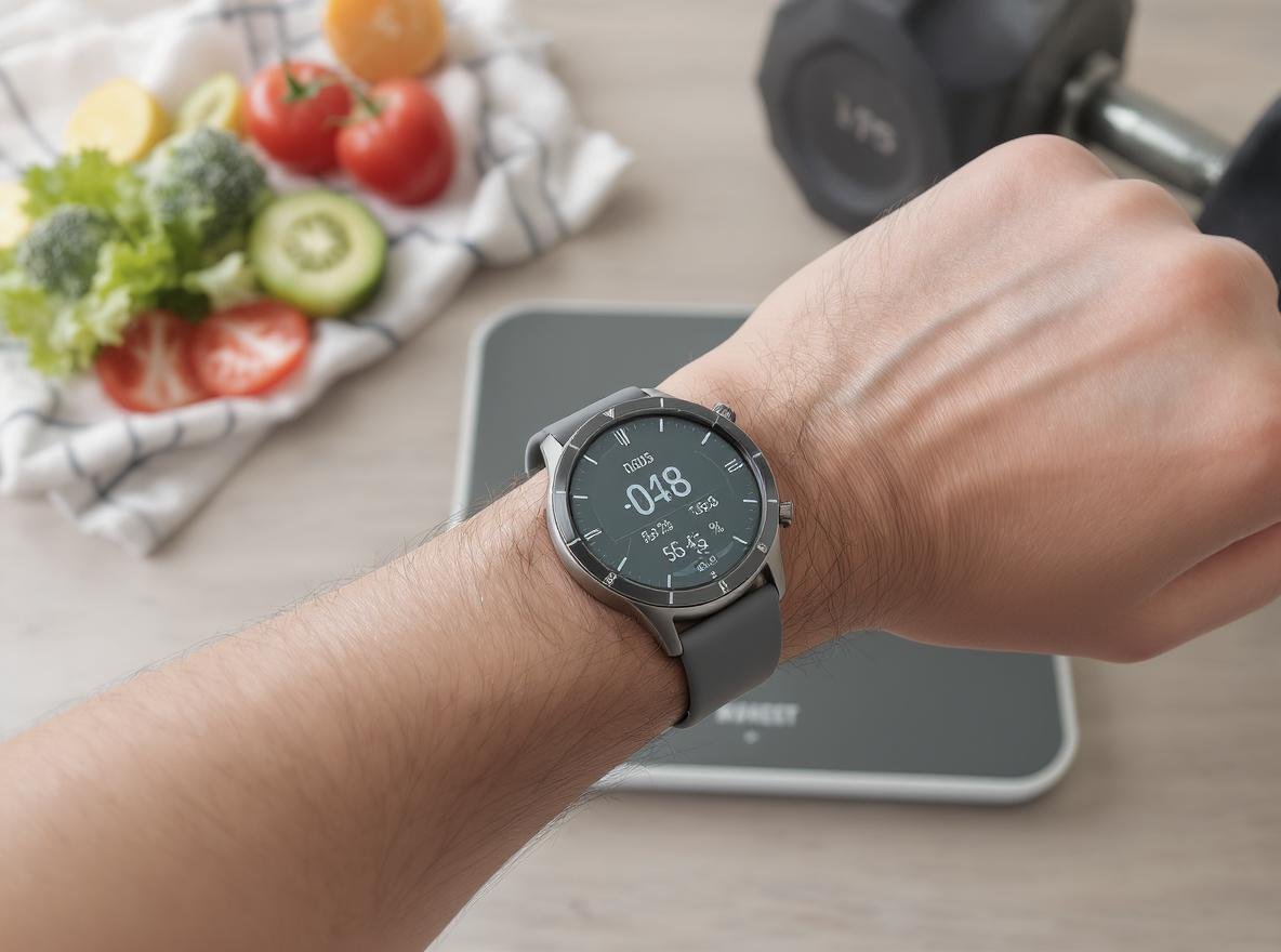 Smartwatch displaying fitness data for weight loss tracking with scale and healthy lifestyle elements