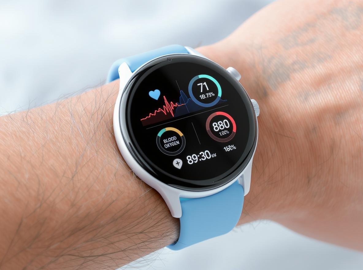 Smartwatch displaying key health metrics including heart rate, sleep tracking, and activity data
