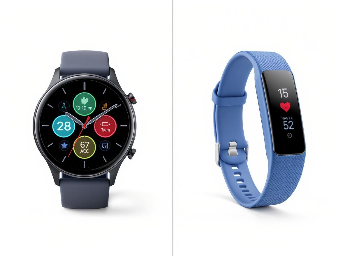 Smartwatch vs fitness tracker comparison showing black smartwatch and blue fitness band side by side