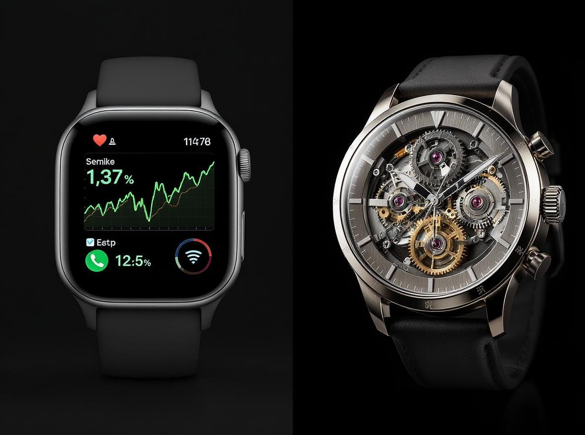 Smartwatch vs traditional watch comparison showing modern digital display and mechanical timepiece