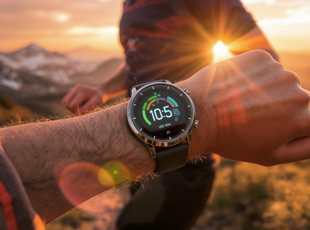 Athlete checking VO2 max on smartwatch while trail running