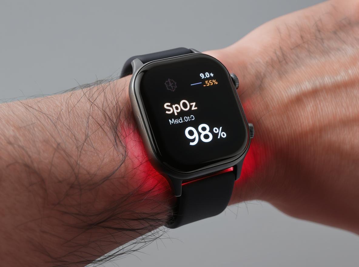 Smartwatch measuring blood oxygen SpO2 levels with LED sensors and digital display
