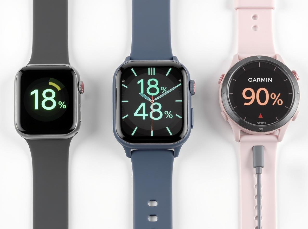 Smartwatch battery life comparison showing different charging levels across Apple Watch Samsung Galaxy and Garmin models