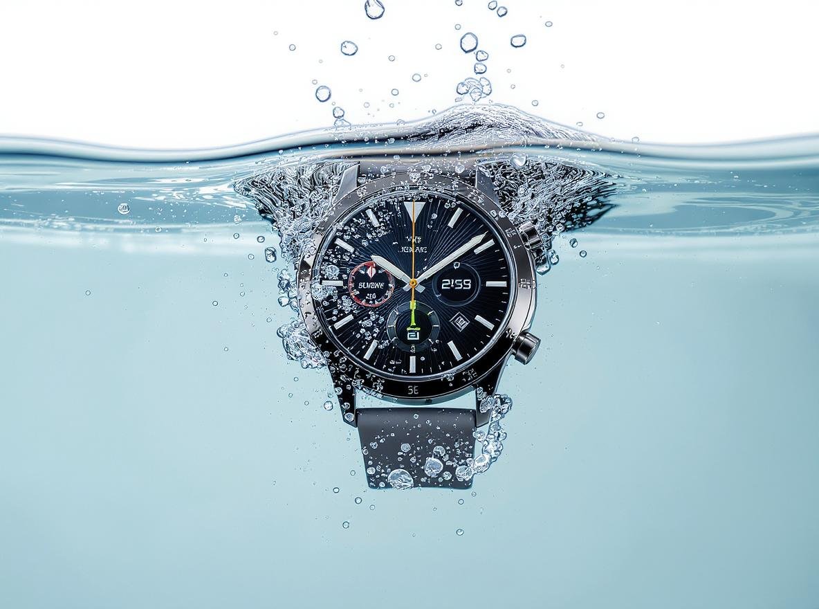 Modern smartwatch submerged in clear water showing water resistance capabilities