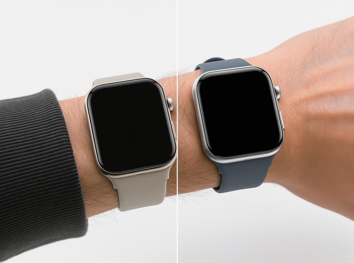 Smartwatch worn on both left and right wrists showing hand placement options