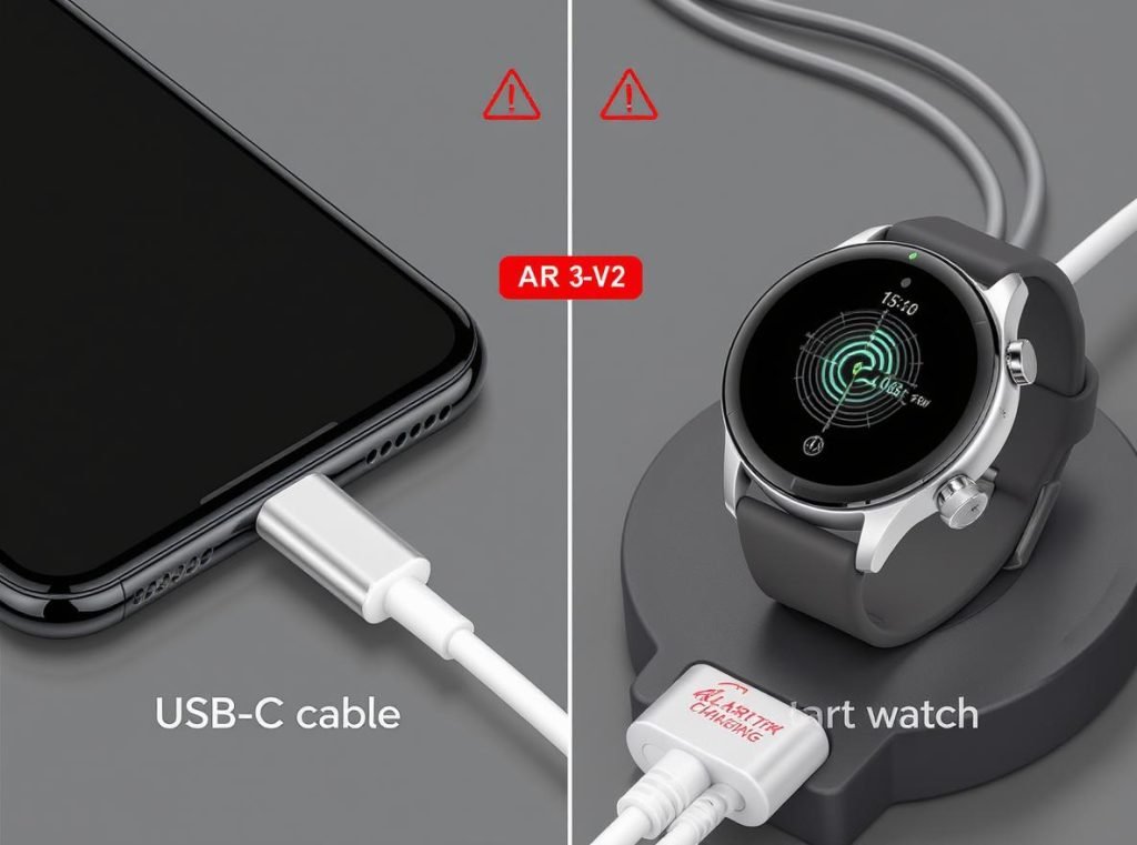 Comparison of smartphone USB charger vs smartwatch magnetic charging dock showing incompatibility