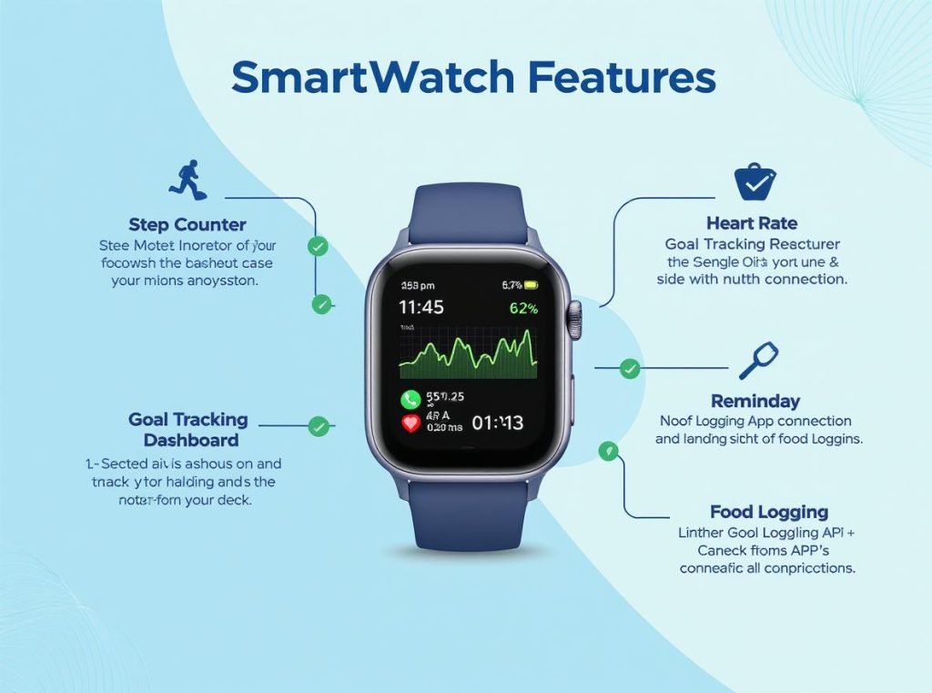 Smartwatch weight loss support mechanisms including step tracking, heart rate monitoring, and goal setting