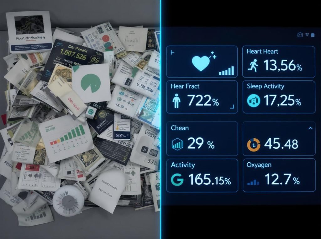 Comparison showing data overload versus focused health metric tracking on smartwatch