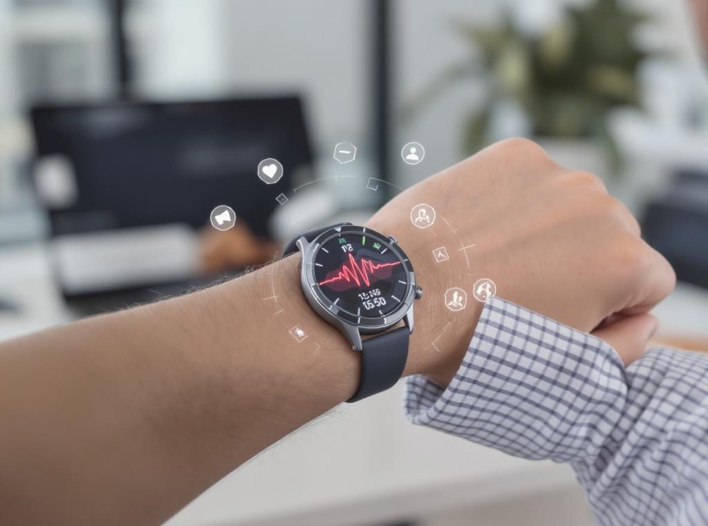 Young professional using smartwatch health monitoring and notification features