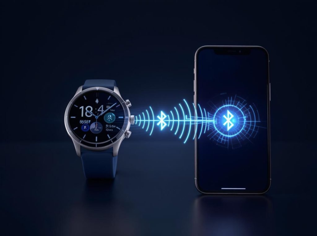Bluetooth connection between smartwatch and smartphone showing wireless pairing process