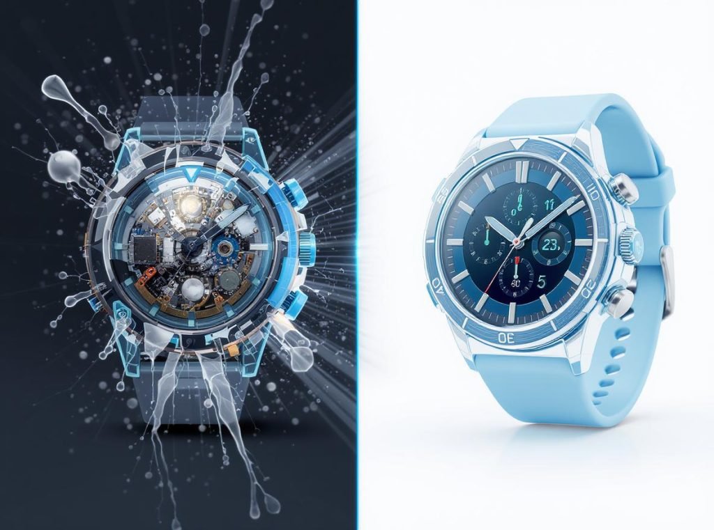 Comparison showing difference between waterproof and water-resistant smartwatch protection