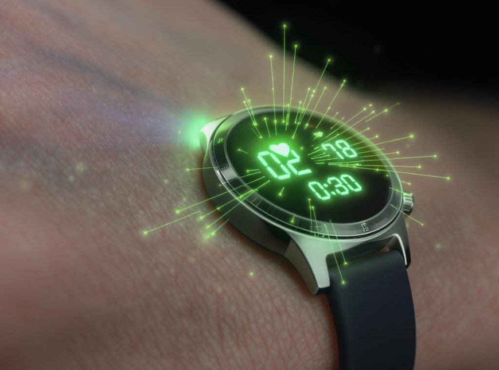 Smartwatch PPG sensor technology showing LED lights and skin contact for heart rate accuracy