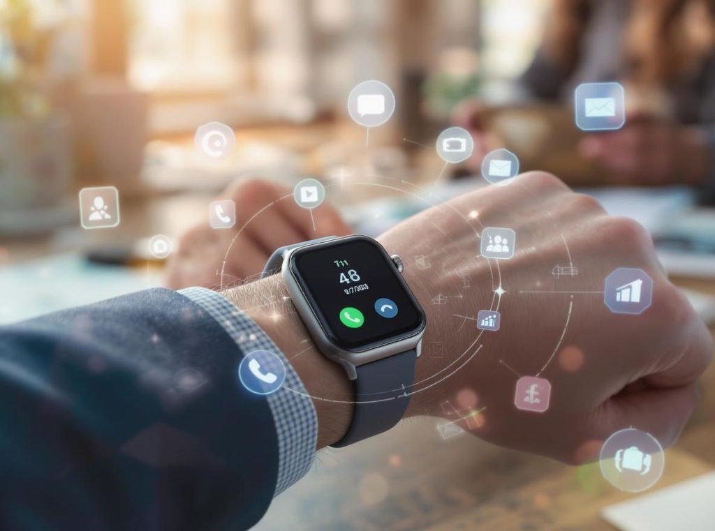 Professional using smartwatch communication features for hands-free calling