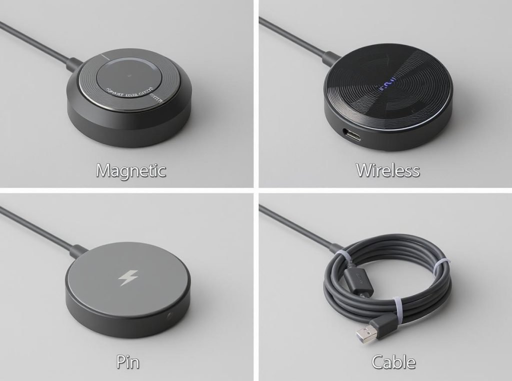 Four main smartwatch charging methods: magnetic, wireless, pin connector, and USB