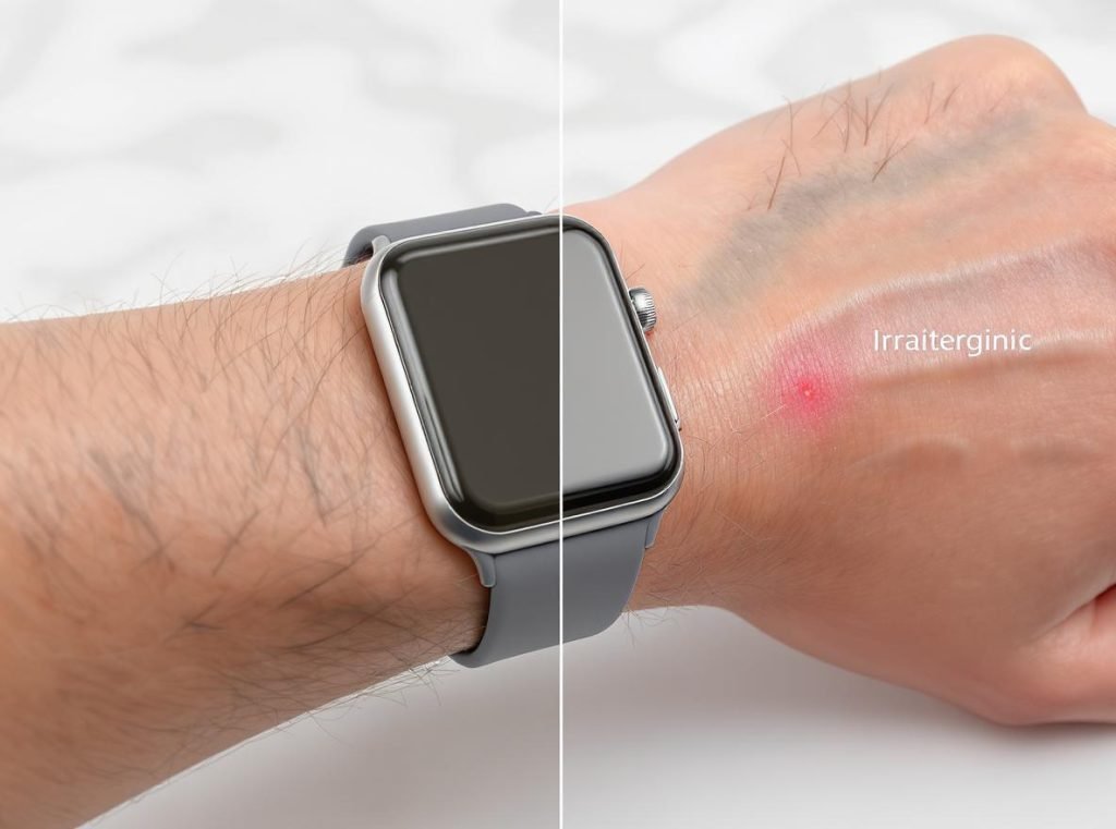 Smartwatch skin irritation comparison showing healthy vs irritated wrist skin