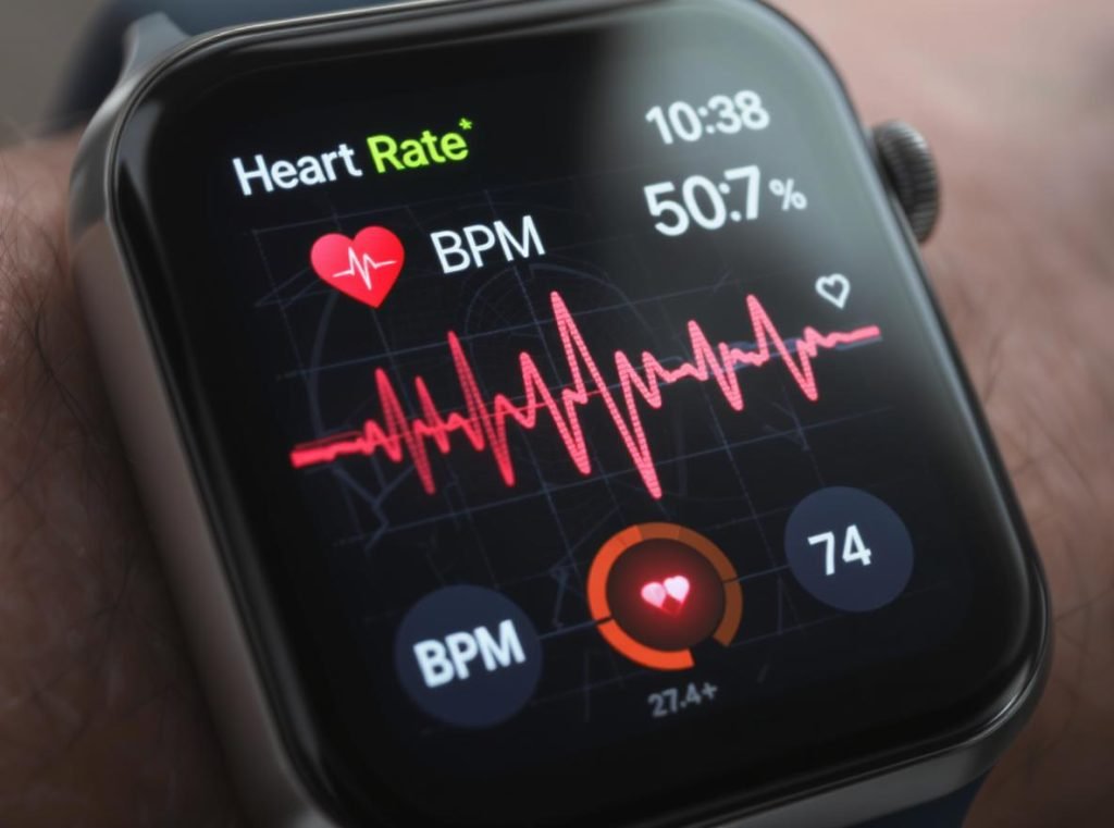 Smartwatch heart rate monitoring display with ECG waveform and BPM reading