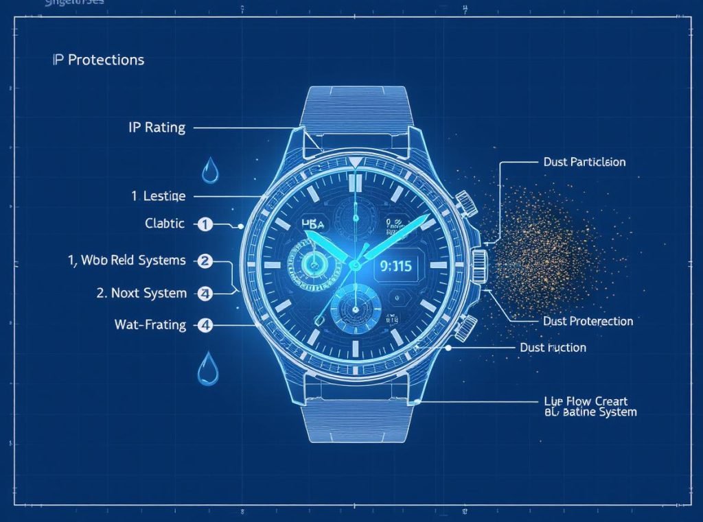 IP rating system diagram showing smartwatch water and dust protection levels