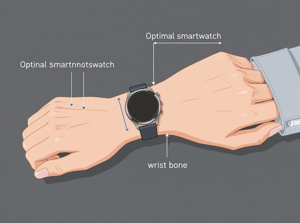 Diagram showing ideal smartwatch position two fingers above wrist bone for optimal accuracy
