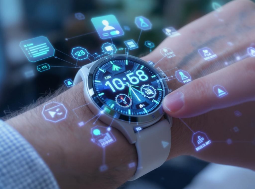 Person using smartwatch features including notifications, health tracking, and mobile payments