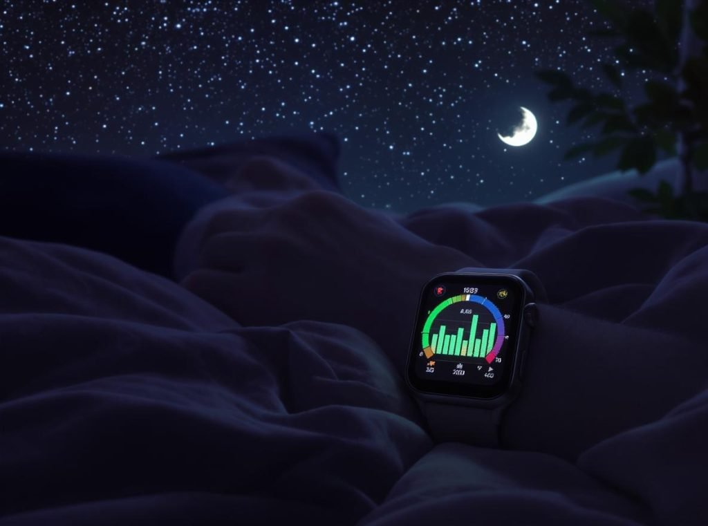 Smartwatch sleep tracking display showing sleep stages and quality metrics at night
