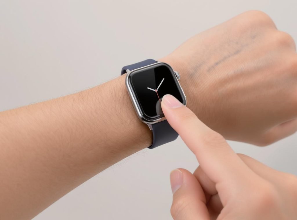 Demonstration of proper smartwatch tightness using one finger rule for optimal fit