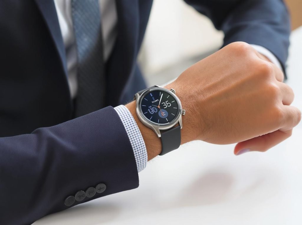 Left-handed person comfortably using smartwatch on right wrist showing ergonomic benefits