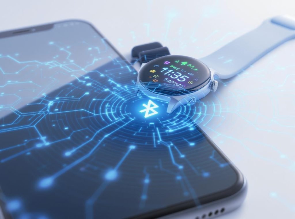 Smartphone and smartwatch wireless connectivity showing Bluetooth and data synchronization