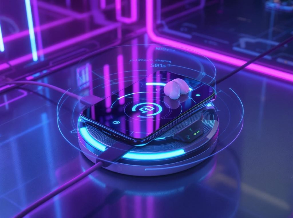 Futuristic Qi2 wireless charging station with multiple devices showing standardization future