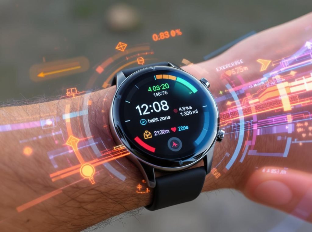 Person exercising with smartwatch displaying activity zones and heart rate data