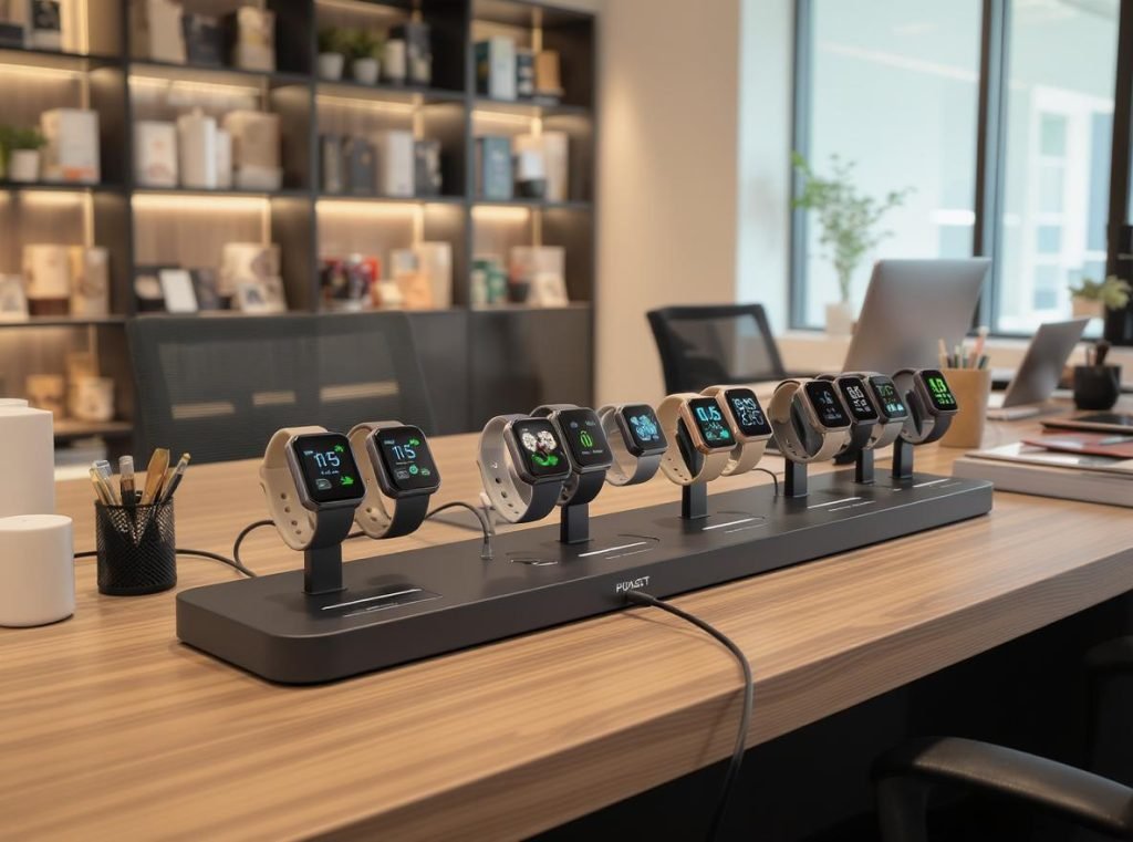 Professional office setup with multiple smartwatch charging stations for business use