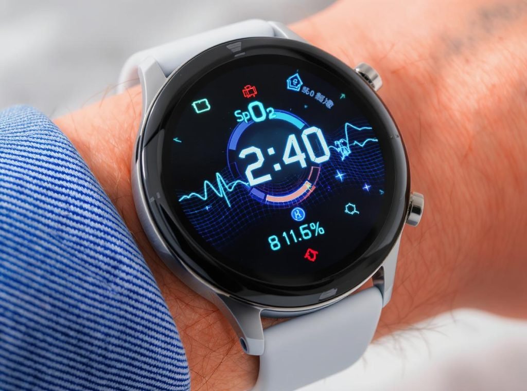 Smartwatch blood oxygen monitoring display showing SpO2 percentage and accuracy