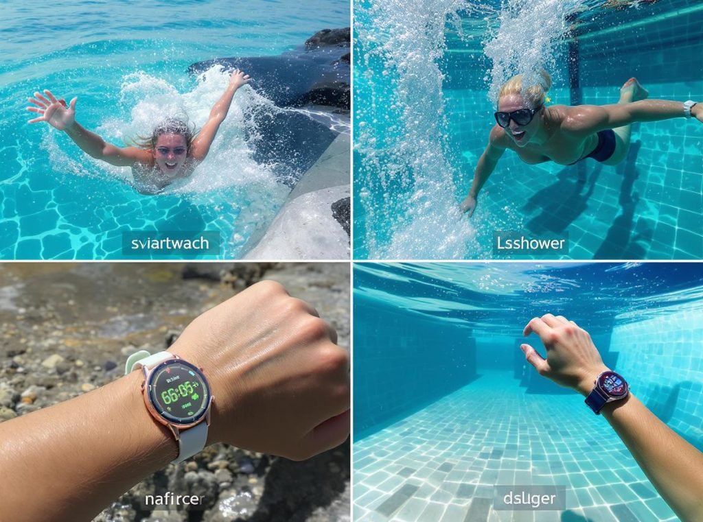 Various water activities showing safe usage scenarios for water-resistant smartwatches