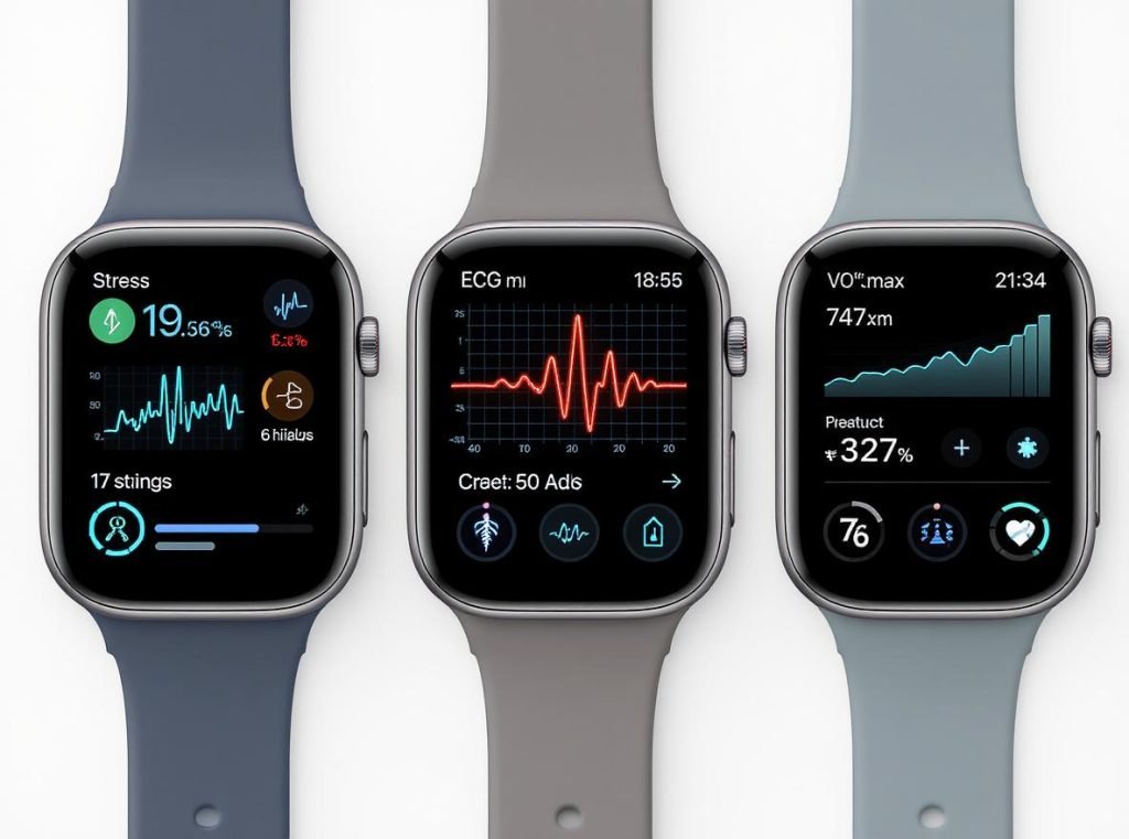 Advanced smartwatch health metrics including stress monitoring, ECG, and fitness data
