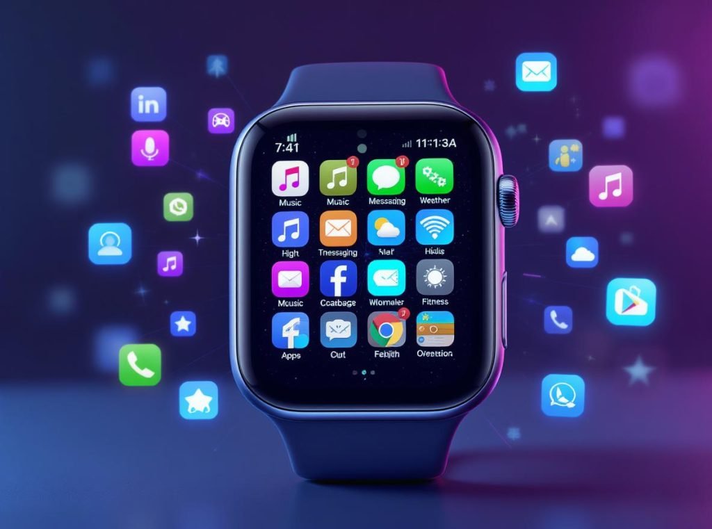 Smartwatch app ecosystem showing multiple applications and app store interface