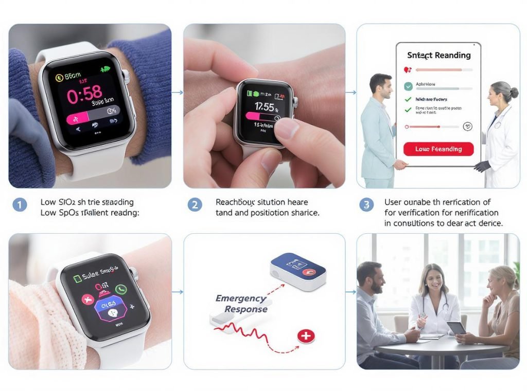 Protocol for responding to low blood oxygen readings on smartwatch including verification steps