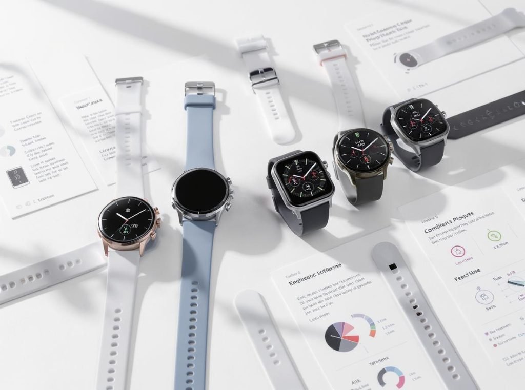 Comparison of different smartwatch models showing various features and specifications