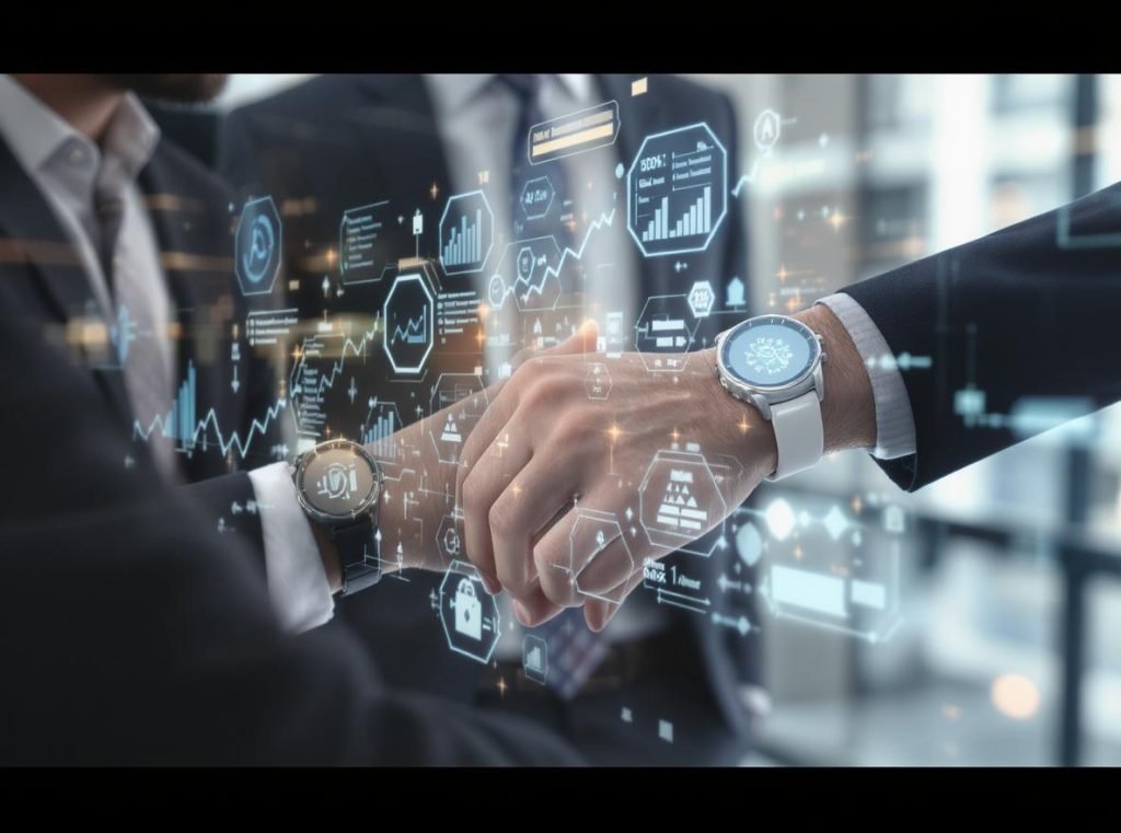 Business professionals using smartwatches showing enterprise productivity and ROI benefits