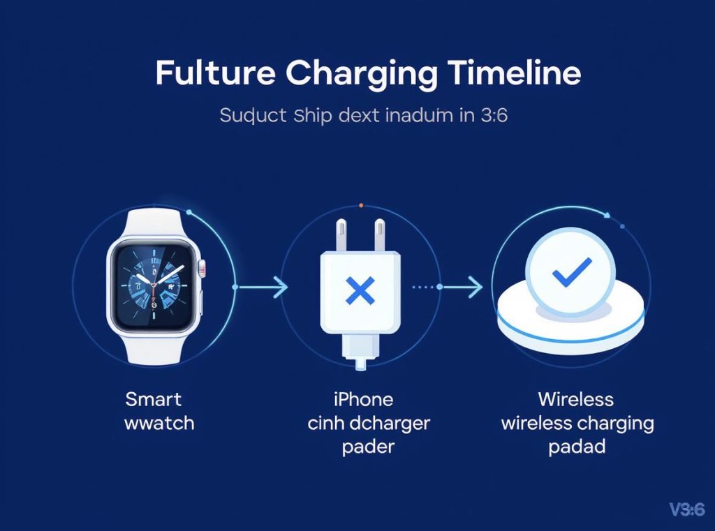 Infographic summary of smartwatch charging compatibility showing current limitations and future solutions