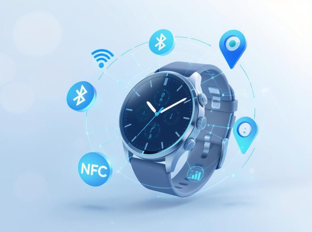 Smartwatch connectivity features including WiFi, Bluetooth, cellular, NFC, and GPS