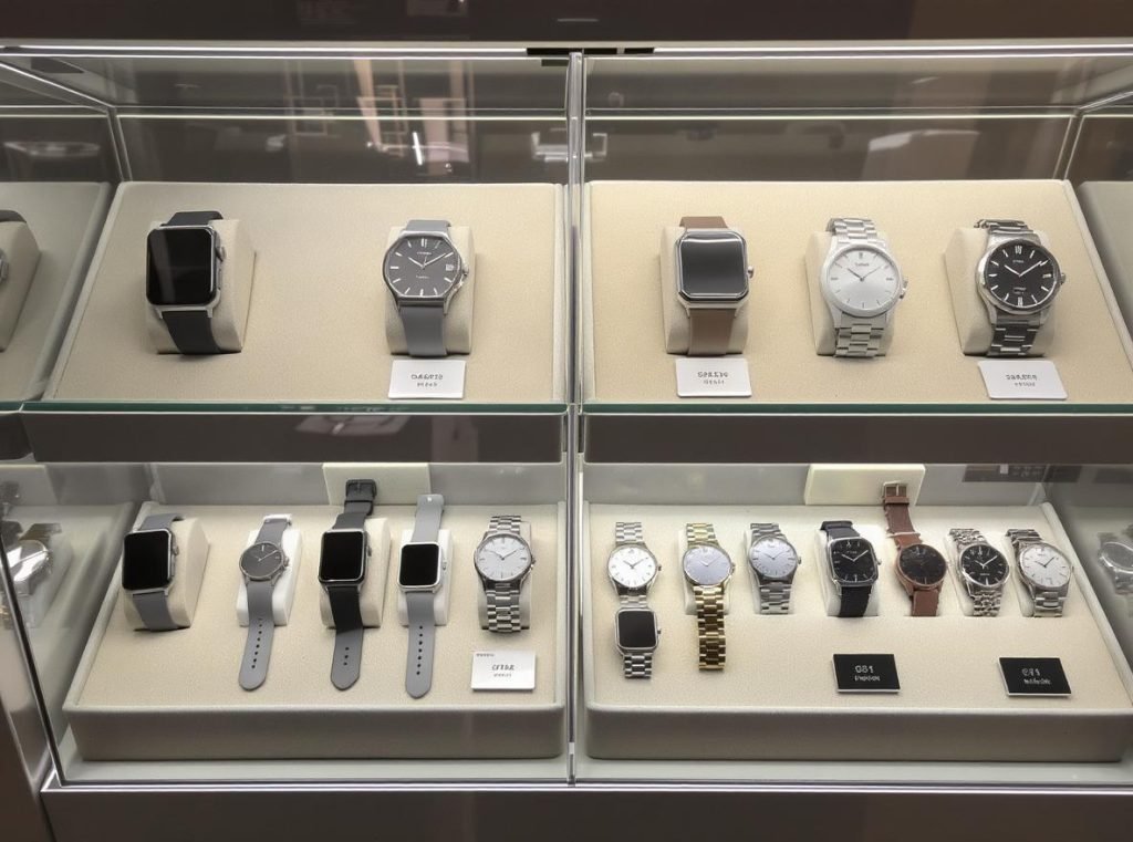 Watch retail inventory displaying balanced mix of smartwatch and traditional timepieces