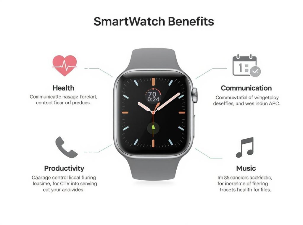 Comprehensive smartwatch benefits infographic showing health, communication, productivity, and entertainment features