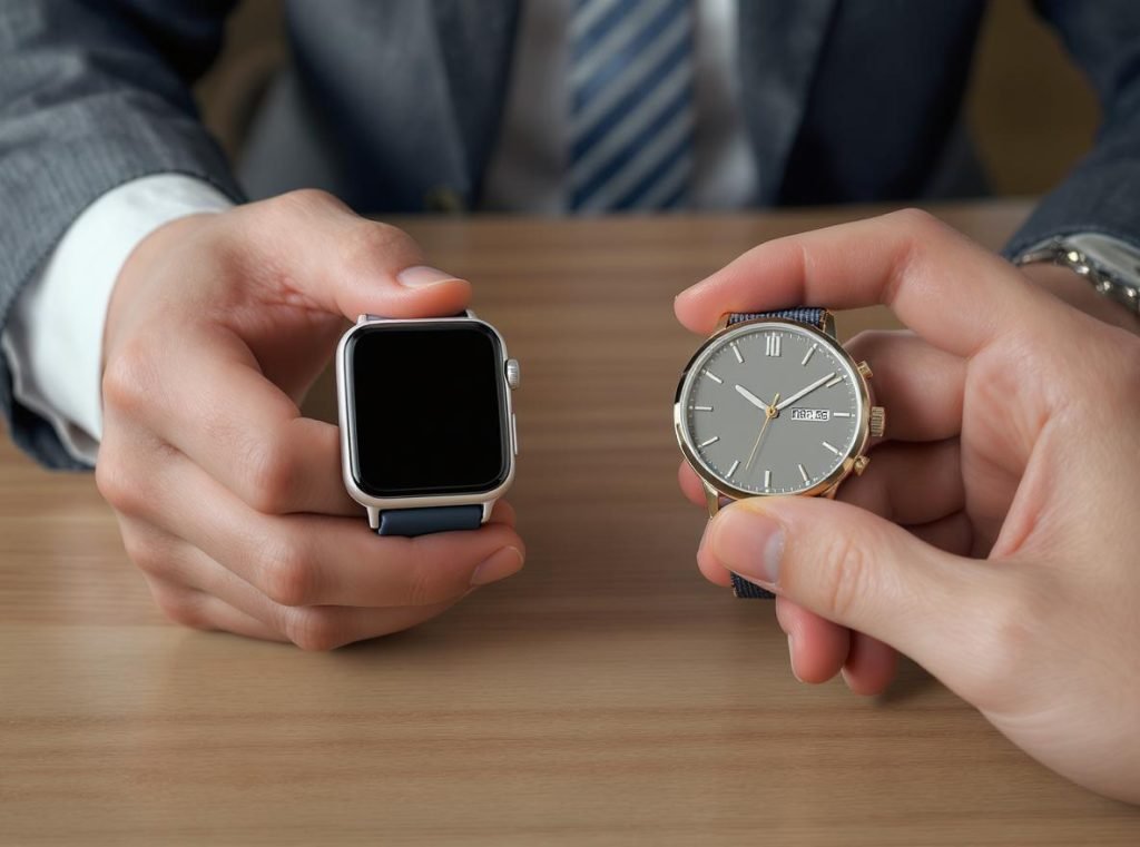 Person choosing between smartwatch and traditional watch representing consumer decision process