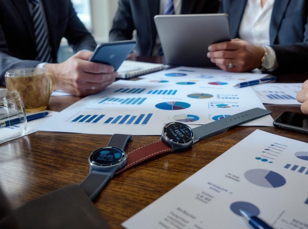 Business meeting discussing smartwatch wholesale market segments and consumer needs