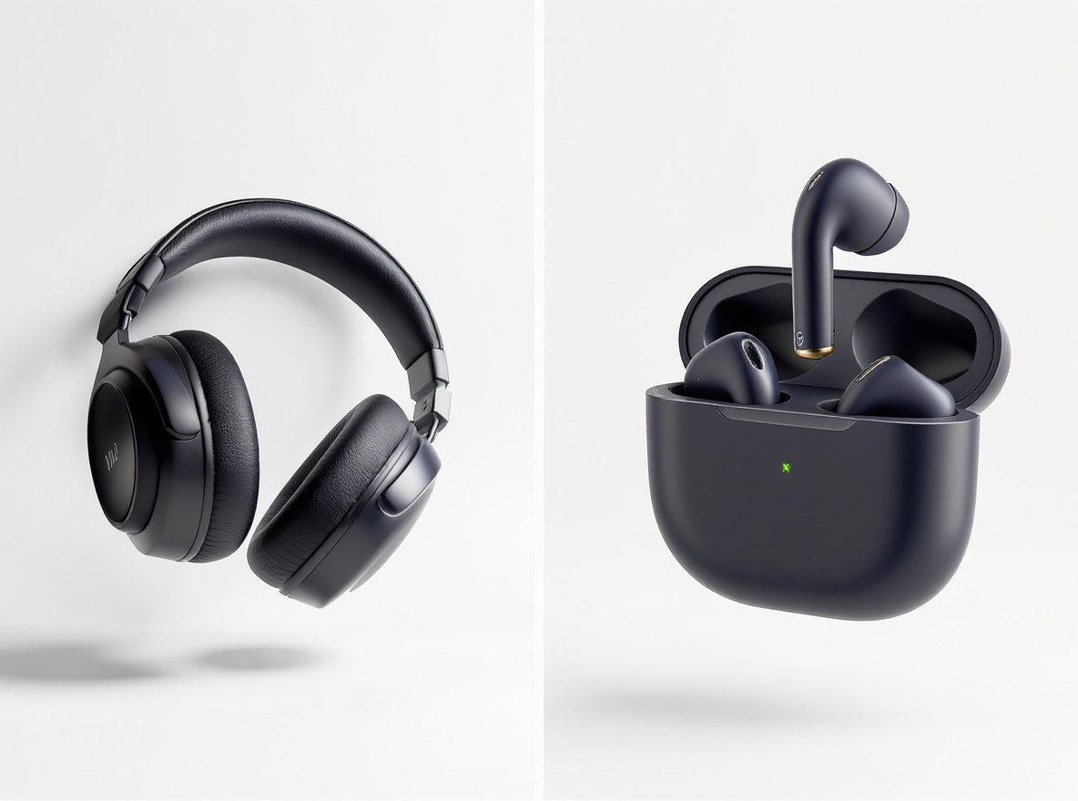 Headphones vs earbuds comparison - over-ear headphones and wireless earbuds side by side