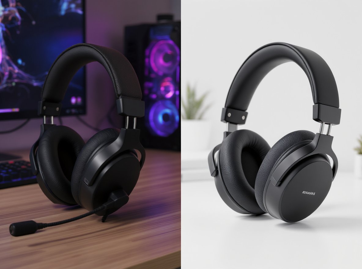 Gaming headset vs regular headphones comparison on desk setup