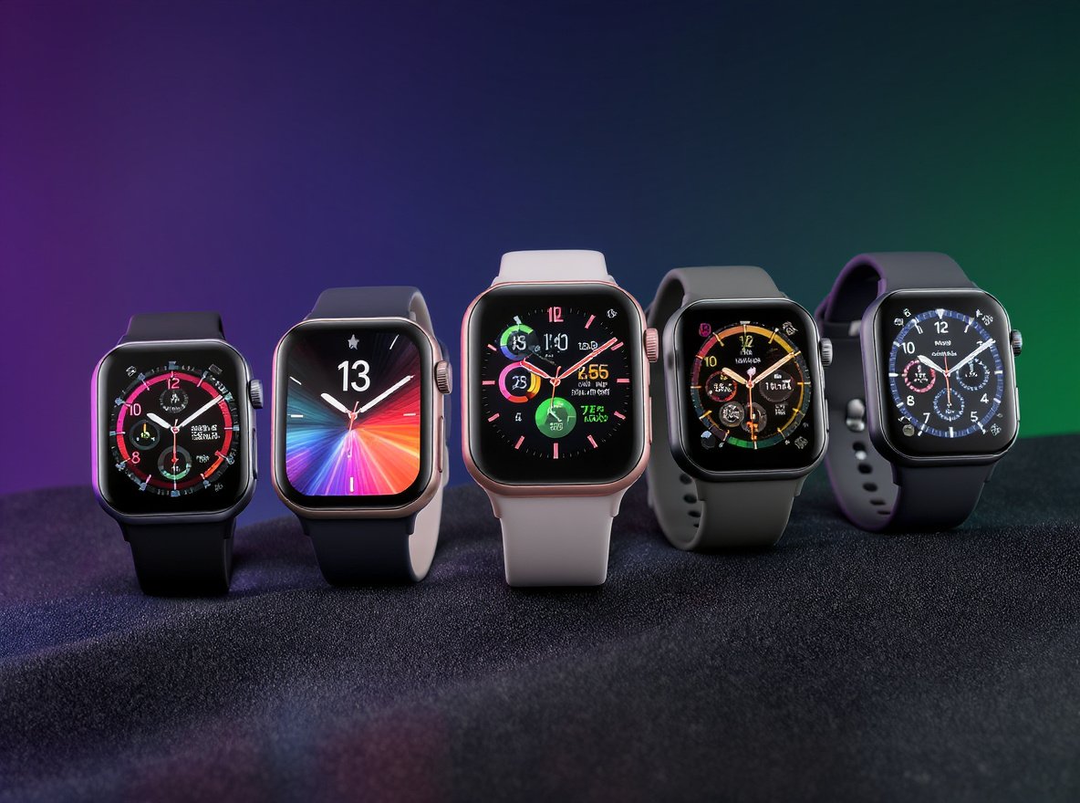 Multiple smartwatches showing different watch face designs and customization options