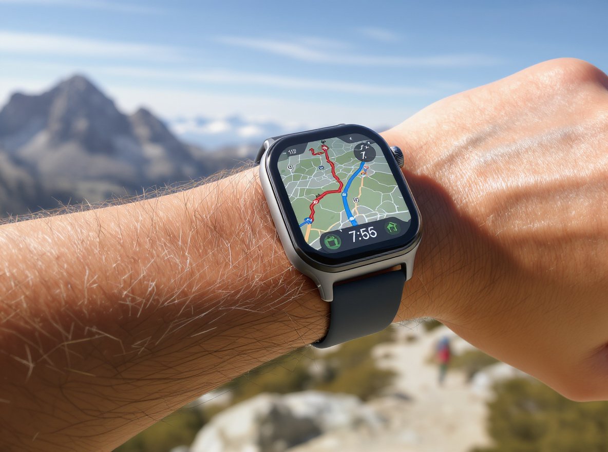 Smartwatch displaying turn-by-turn navigation GPS map on outdoor trail